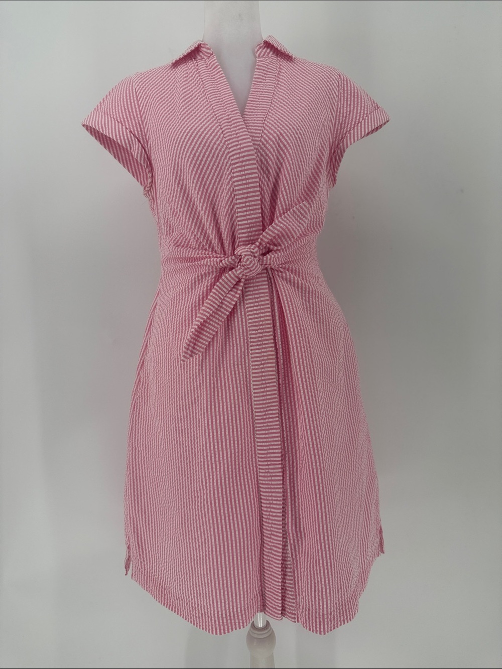 Vineyard Vines Pink Seersucker Wrap Tie Shirt Dress Sz 2 Preppy Coastal Cotton